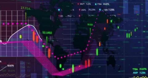 Image of financial data processing over world map Stock Photos