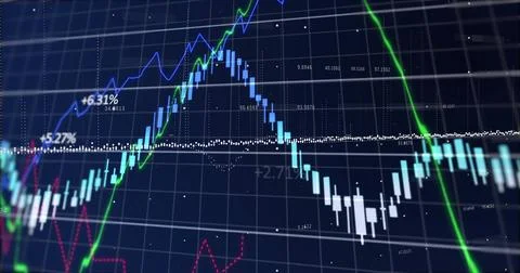 Image of financial data processing over grid on dark background 스톡 사진