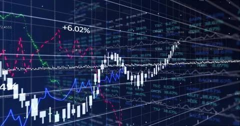 Image of financial data processing over grid on dark background 写真素材