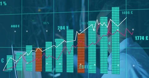 Image of financial data processing over african american businessman working in Stock Photos