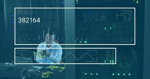 Image of financial data processing over african american businessman working in Foto stock