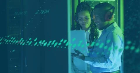 Image of financial data processing over african american colleagues working in Stock Photos
