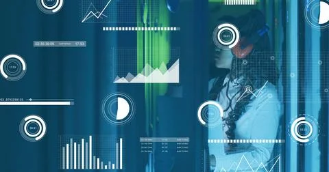 Image of financial data processing over african american colleagues working in 스톡 사진
