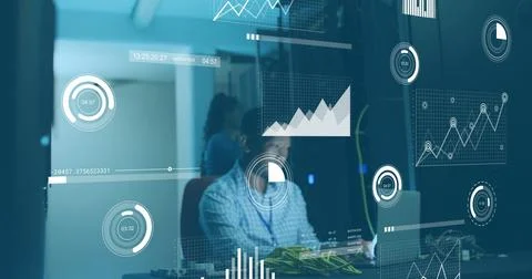 Image of financial data processing over african american colleagues working in Foto stock