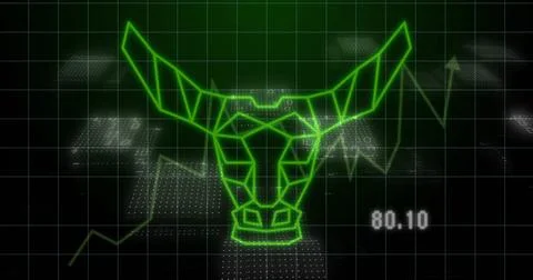 Image of financial data processing over bull icon on black background Foto stock