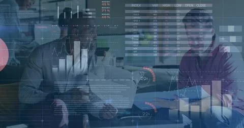 Image of financial data processing over diverse colleagues discussing work in 库存照片
