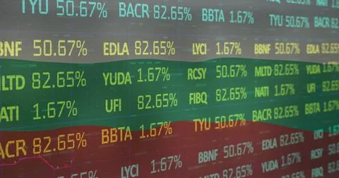 Image of financial data processing over flag of equador 스톡 사진