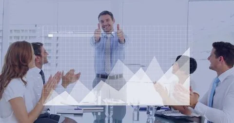 Image of financial data processing over diverse business people in office Foto stock