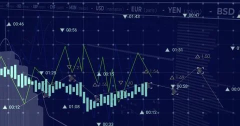 Image of financial data processing over dark background Stock Photos