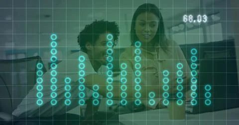 Image of financial data processing over diverse colleagues discussing work in Stock Photos