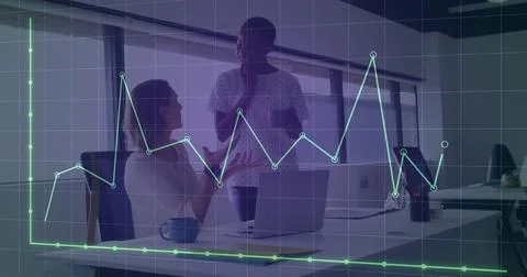 Image of financial data processing over diverse colleagues discussing work in Stockfoto's