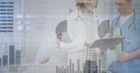Image of financial data processing over diverse doctors and male patient Stockfoto's