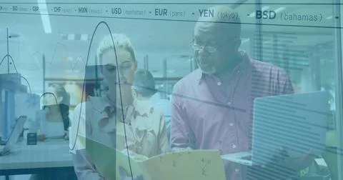 Image of financial data processing over diverse colleagues discussing work in 스톡 사진