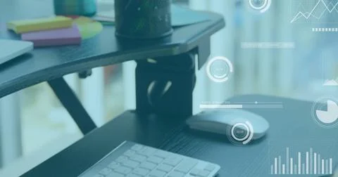 Image of financial data processing over desk with computer in office 스톡 사진