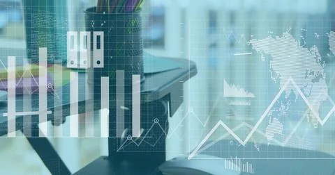 Image of financial data processing over desk with computer in office 写真素材