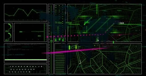 Image of financial data processing over grid on dark background 写真素材