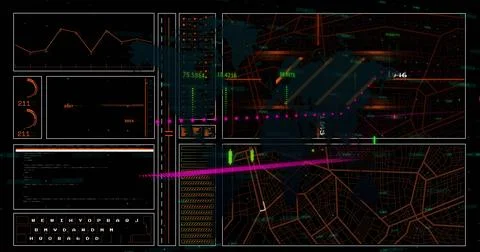 Image of financial data processing over grid on dark background Foto stock