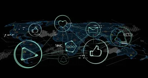 Image of financial data processing over world map on dark background Foto stock