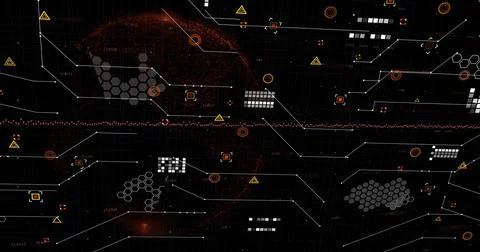 Image of financial data processing over grid on dark background Stock Photos