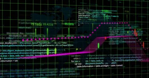 Image of financial data processing over grid on dark background Stock Photos