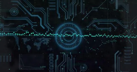 Image of financial data processing over circuit board 写真素材