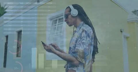 Image of financial data processing over biracial man using smartphone Stock Photos