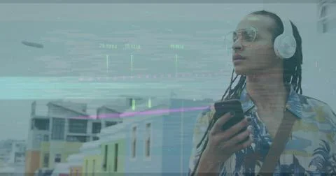 Image of financial data processing over biracial man using smartphone Stock Photos