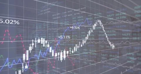Image of financial data processing over dark background Stock Photos