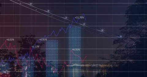 Image of financial data processing over dark background Stock Photos
