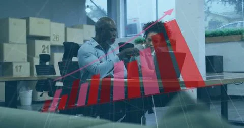 Image of financial data processing over diverse business people in office 写真素材