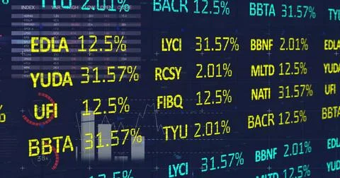 Image of financial data processing over blue background 스톡 사진