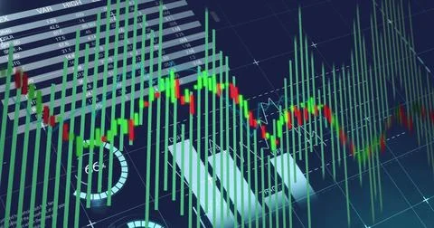 Image of financial data processing over blue background 写真素材
