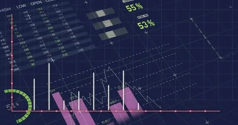 Image of financial data processing over blue background Stock Photos
