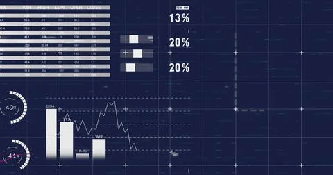Image of financial data processing over blue background Stock Photos