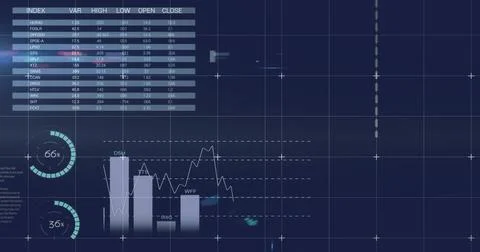 Image of financial data processing over blue background Stock Photos