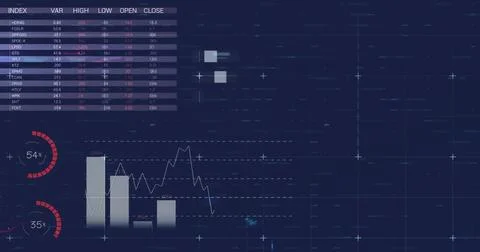 Image of financial data processing over blue background 写真素材