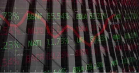 Image of financial data processing over office building 스톡 사진