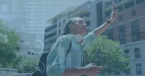 Image of financial data processing over biracial man using smartphone Foto stock