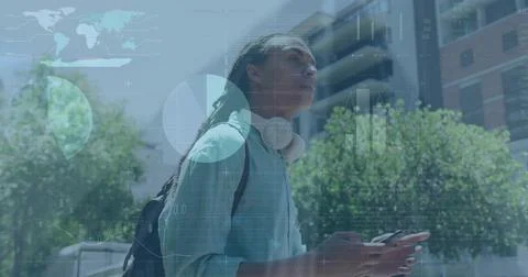 Image of financial data processing over biracial man using smartphone 库存照片