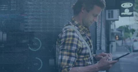 Image of financial data processing over caucasian man using smartphone Stock Photos
