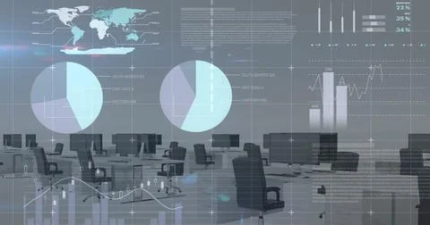 Image of financial data processing over desks with computers on white background Stock Photos