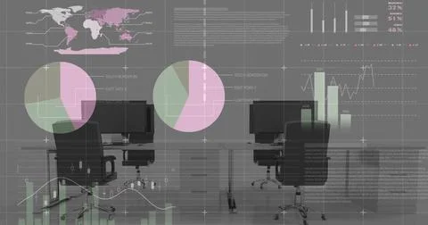 Image of financial data processing over desks with computers on white background Stock Photos