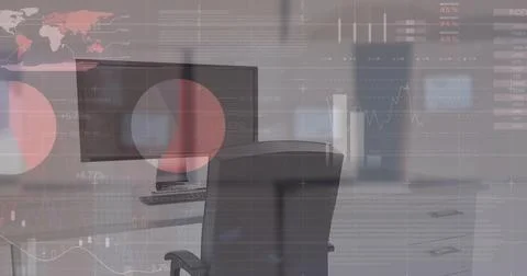 Image of financial data processing over desk with computer on white background 스톡 사진