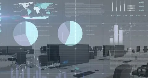 Image of financial data processing over desks with computers on white background Foto stock