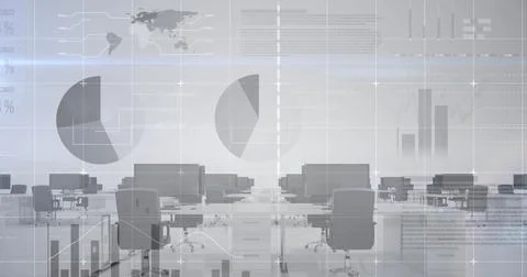 Image of financial data processing over desks with computers on white background Foto stock