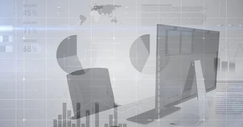 Image of financial data processing over desk with computer on white background 스톡 사진