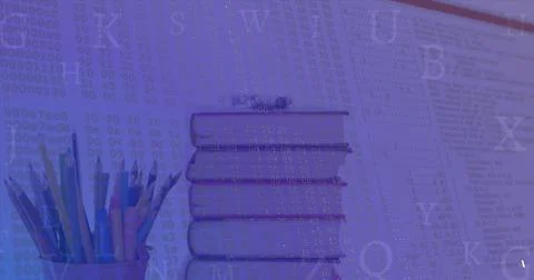 Image of financial data processing over stack of books Stockfoto's