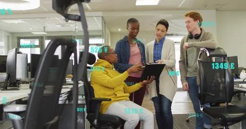 Image of financial data processing over diverse colleagues talking at casual Foto stock