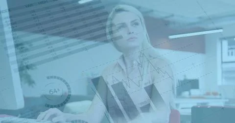Image of financial data processing over caucasian businesswoman holding 스톡 사진