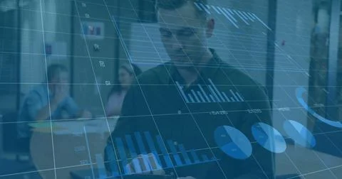 Image of financial data processing over caucasian businessman using tablet in Stockfoto's